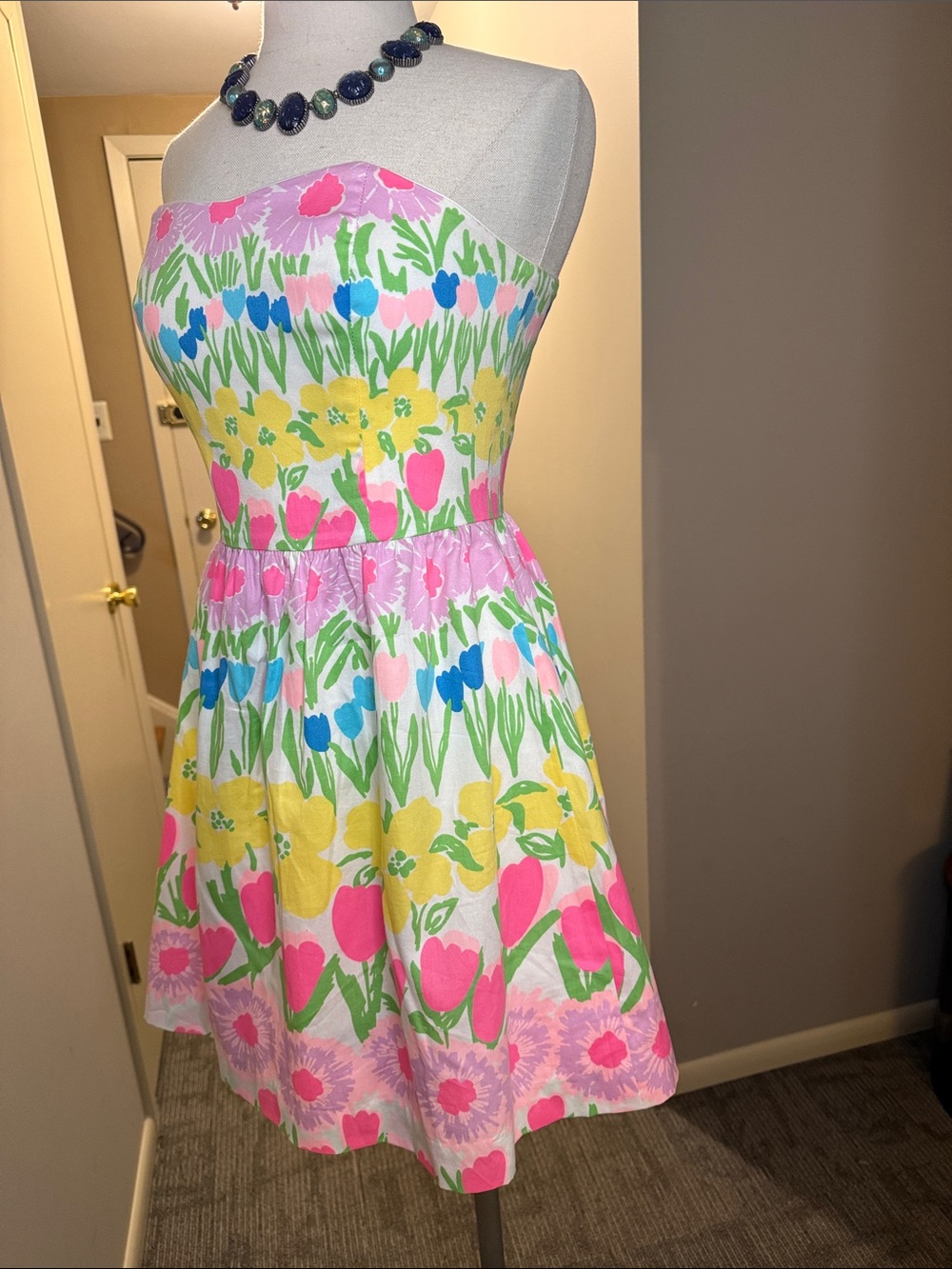 Lilly Pulitzer Strapless Floral Sundress in Pink, Yellow & Blue - Picture 4 of 11